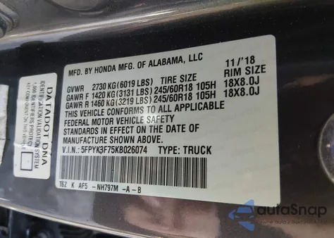 2019 Honda Ridgeline Rtl-E z USA, uszkodzony, nr VIN 5FPYK3F75KB026074